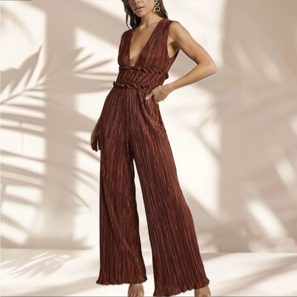 ARMIDA Plunge Neck Wide Leg Plisse Jumpsuit in Copper
